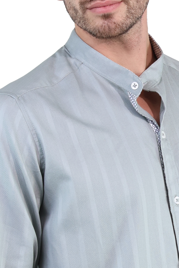 Camisa Manga Larga Verde Pistache Textura Líneas Verticales Para Hombre